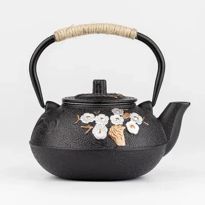 Intérieur émaillé théière japonaise en fonte fleurie