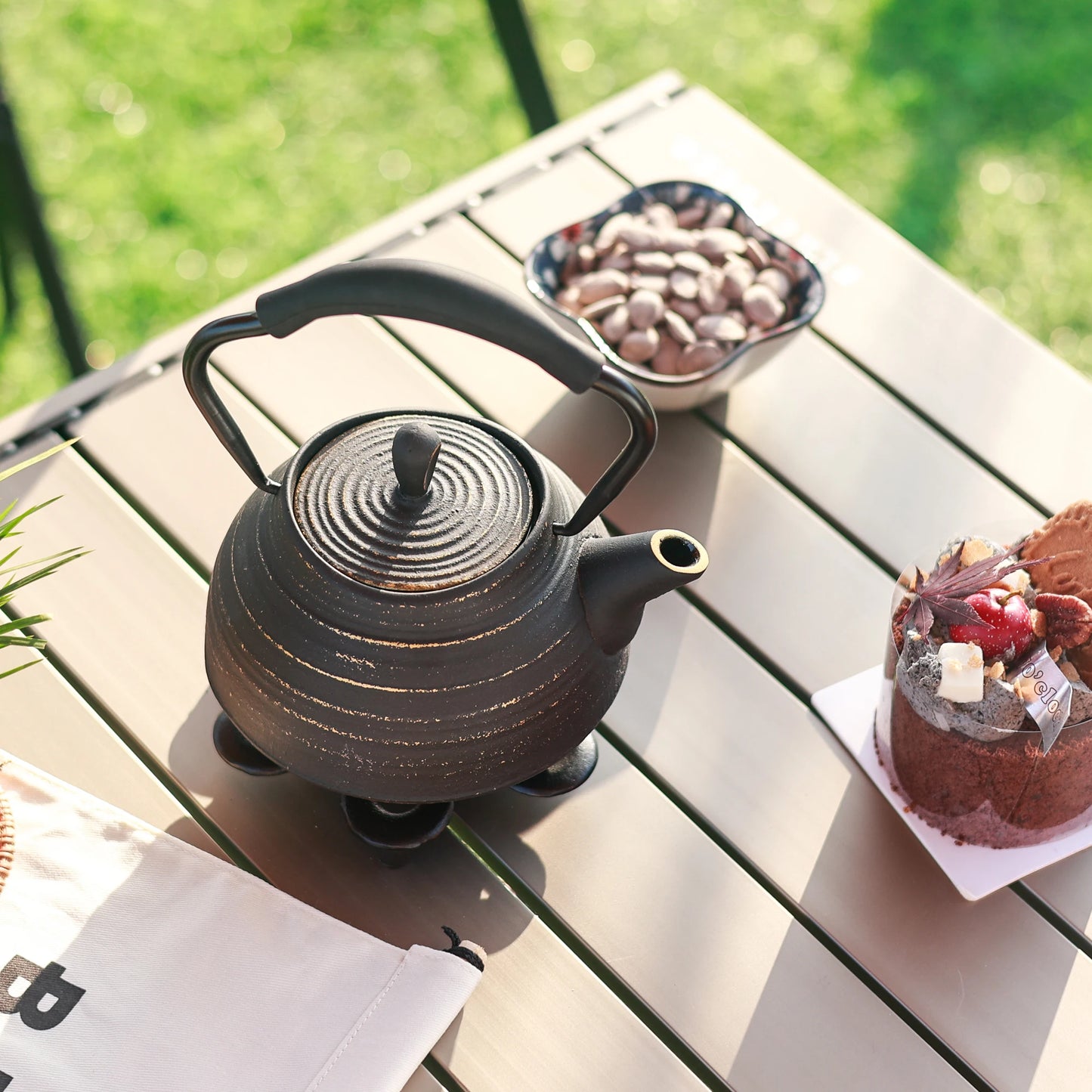 Théière en fonte avec pince et dessous-de-plat offerts