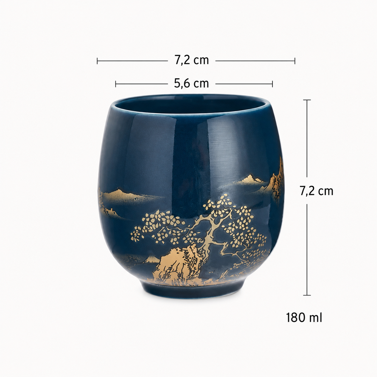 Schéma des dimensions de la tasse à thé : 7,2 cm de haut pour 180 ml