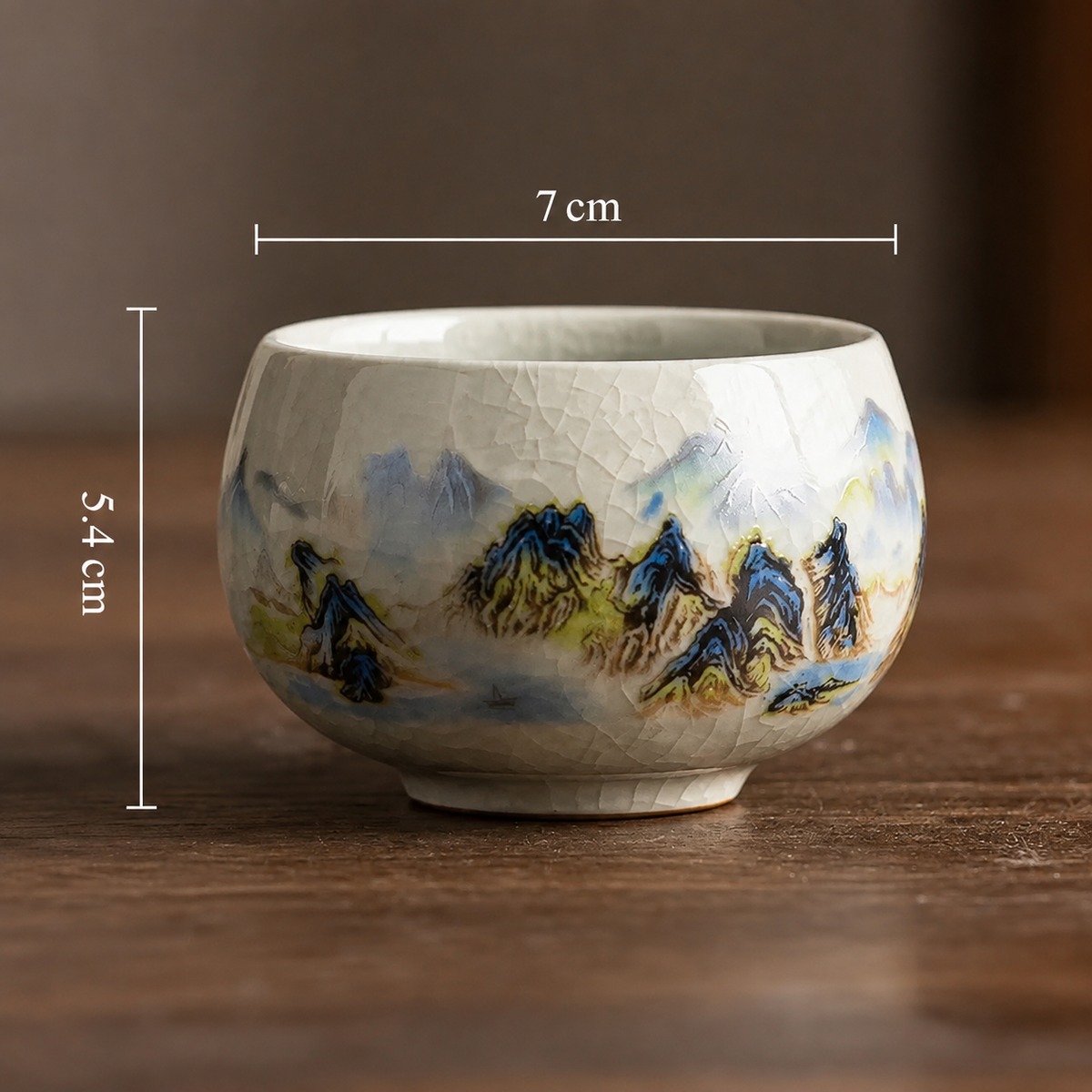Schéma des dimensions de la tasse à thé : 7 cm de large sur 5,4 cm de haut