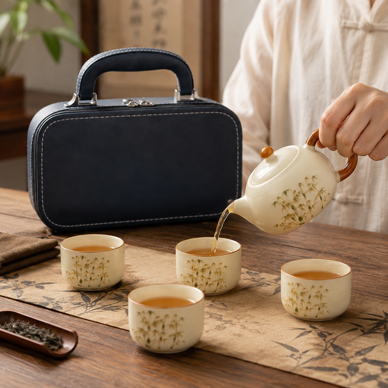 Service à Thé Sente de Bambou - Porcelaine Émaillée | Pochette Voyage
