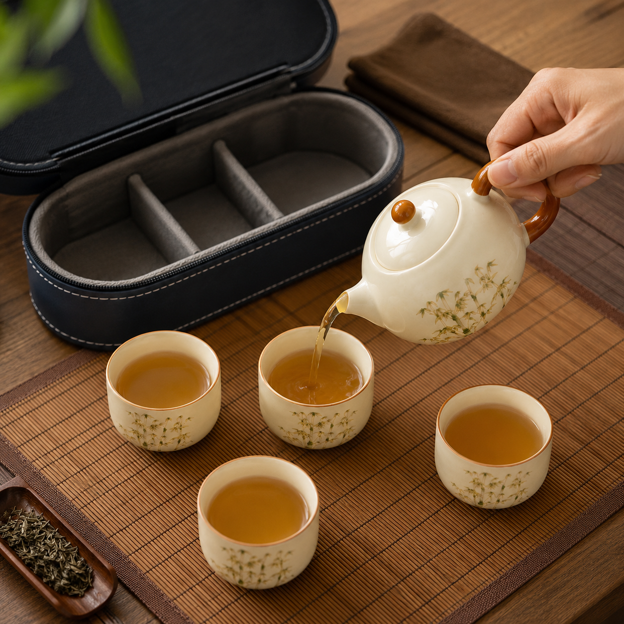 Service à Thé Sente de Bambou - Porcelaine Émaillée | Pochette Voyage