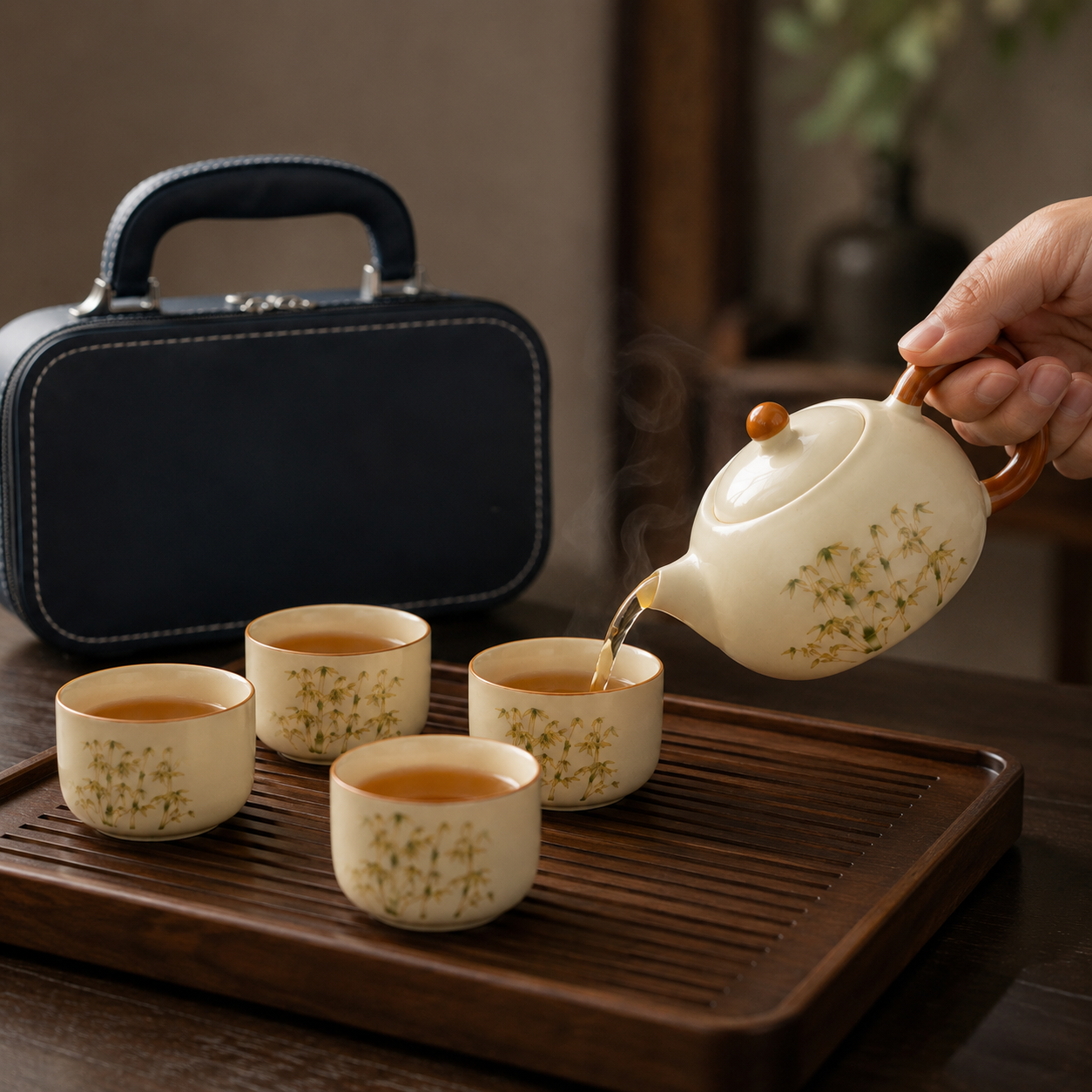 Service à Thé Sente de Bambou - Porcelaine Émaillée | Pochette Voyage
