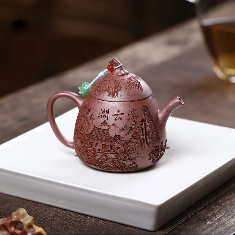 Théière Zisha argile violette décorée motifs traditionnels chinois
