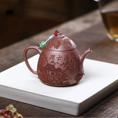 Théière Zisha argile violette décorée motifs traditionnels chinois