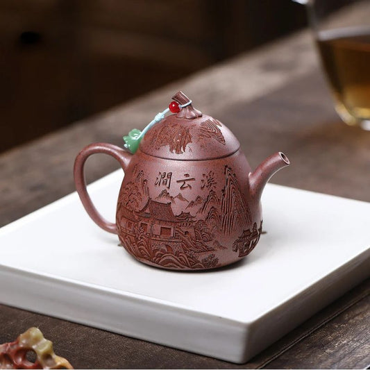 Théière Zisha argile violette décorée motifs traditionnels chinois