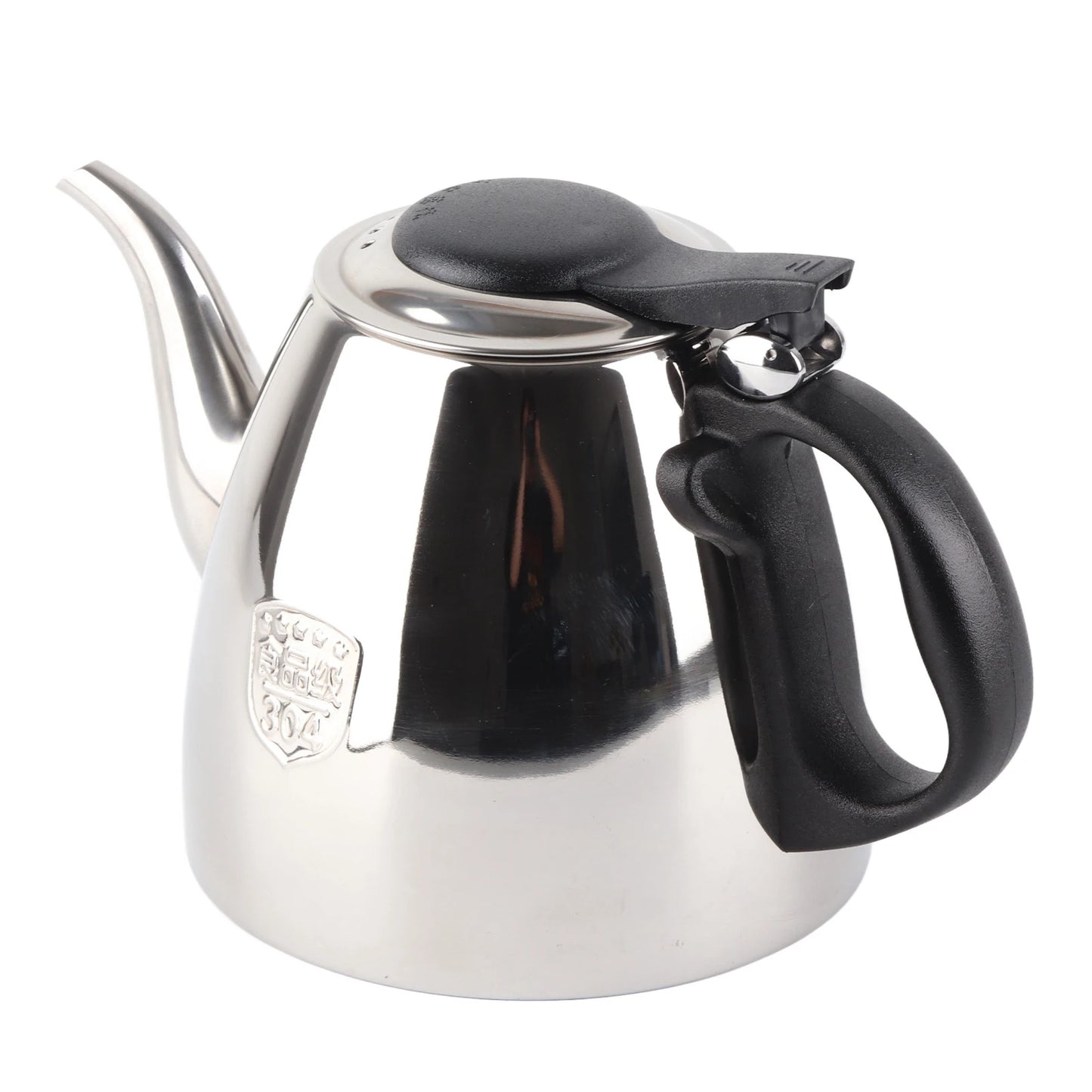 Théière en inox poli vue de face fond blanc
