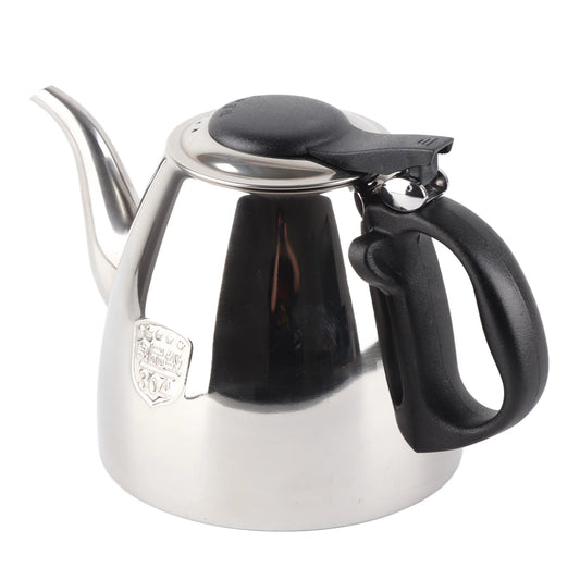 Théière en inox poli vue de face fond blanc