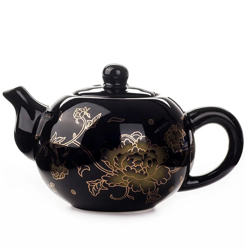 Détail motifs floraux dorés théière céramique noire
