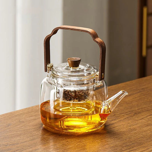 Théière en verre borosilicate avec anse en bois et infuseur