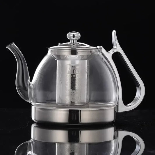 Théière en verre borosilicate et inox design moderne