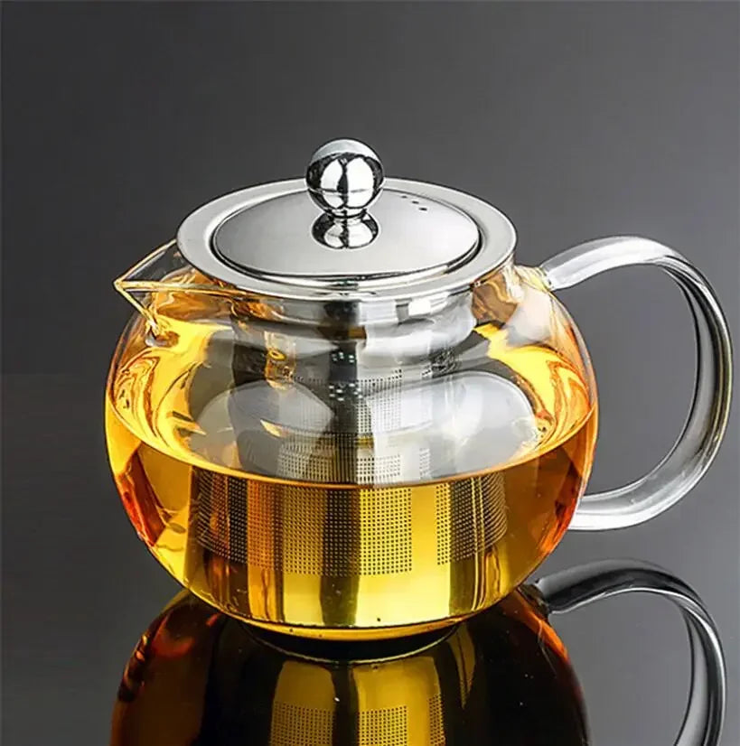 Théière en verre borosilicate avec couvercle inox brillant