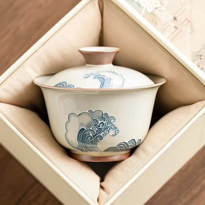 Gaiwan Vague Sculptée - Bone China Sous-Glaçure | Tradition