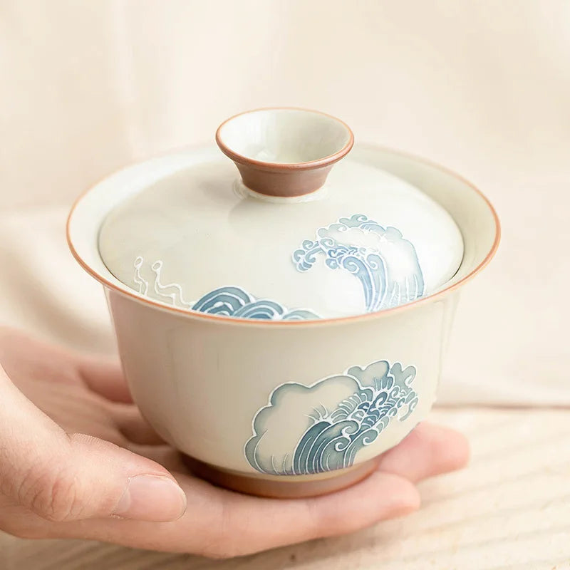 Gaiwan Vague Sculptée - Bone China Sous-Glaçure | Tradition