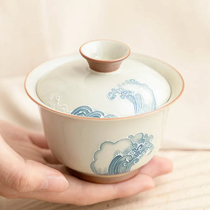 Gaiwan Vague Sculptée - Bone China Sous-Glaçure | Tradition