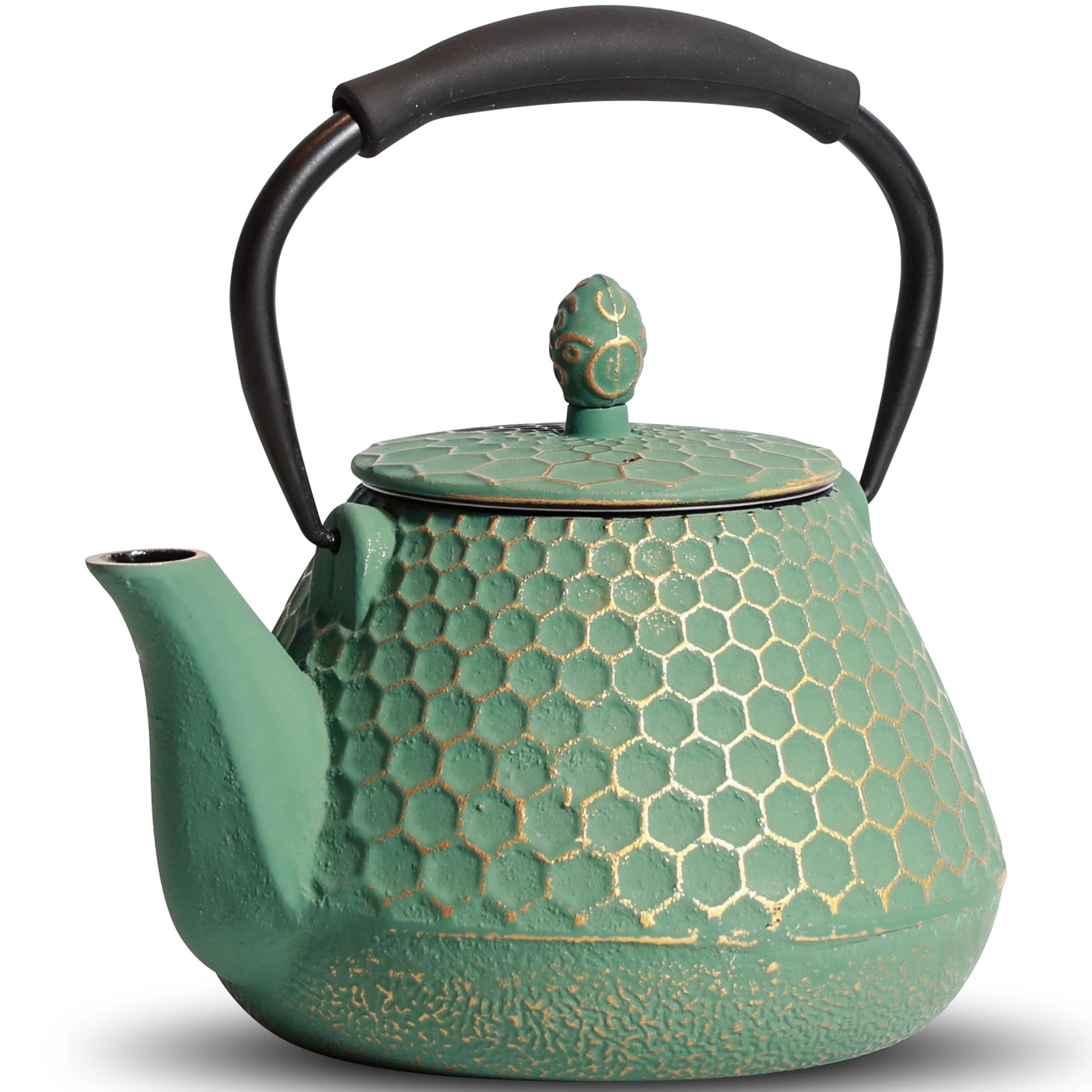 Théière en fonte dorée design nid d'abeilles détail