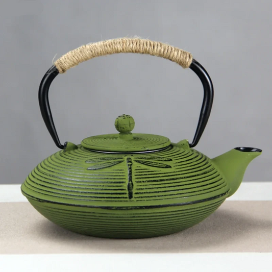 Théière japonaise en fonte plate motif libellule gravé