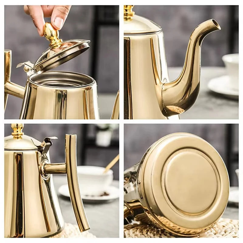 Théière inox argentée posée sur table moderne