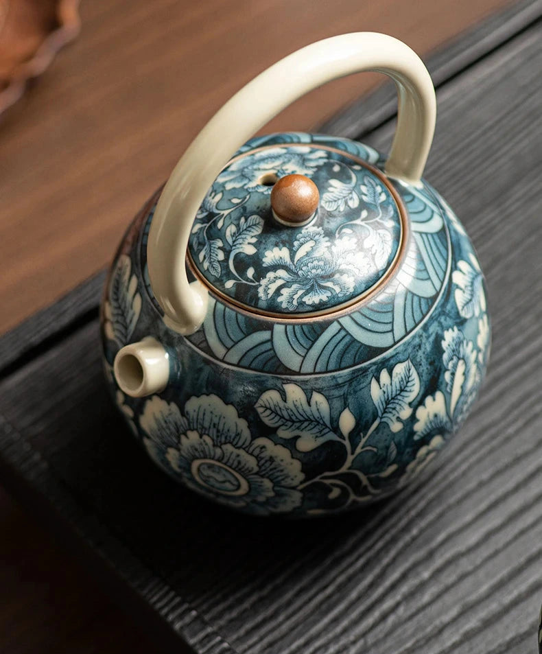 Vue du dessus théière céramique Lotus Bleu couvercle décoratif