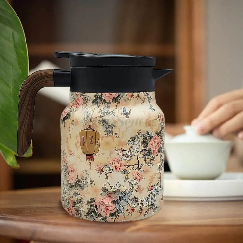 Détail motif floral jaune pastel thermos en inox