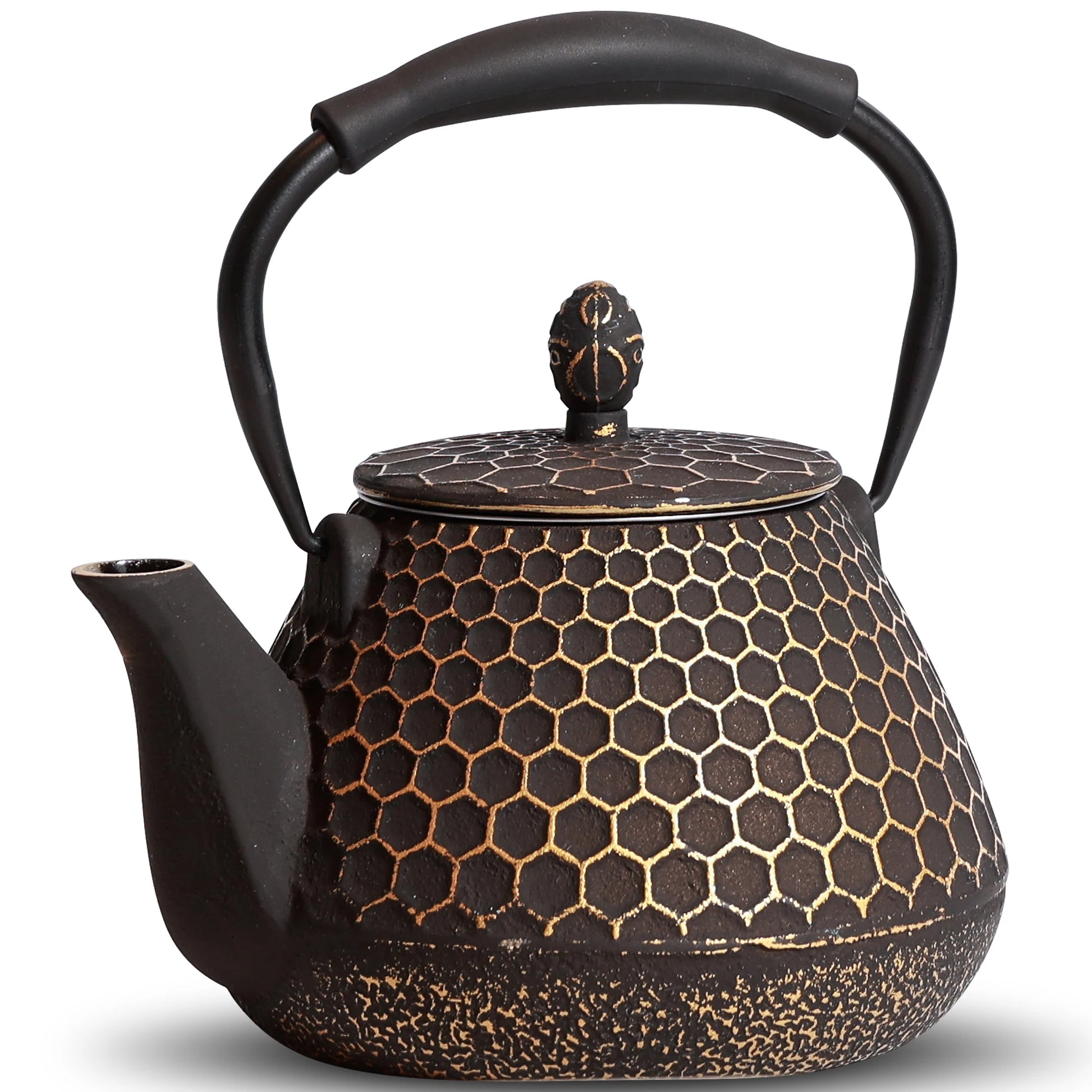 Théière en fonte motif alvéolé doré vue de face