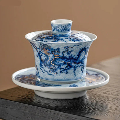 Gaiwan Dragon Impérial - Porcelaine Bleue & Or 150ml | Kungfu