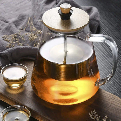 Théière à piston en verre borosilicate avec couvercle en bois