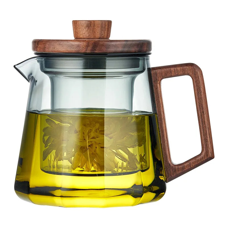Théière en verre borosilicate avec poignée en noyer