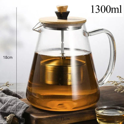 Théière à piston en verre couvercle bois vue ensemble