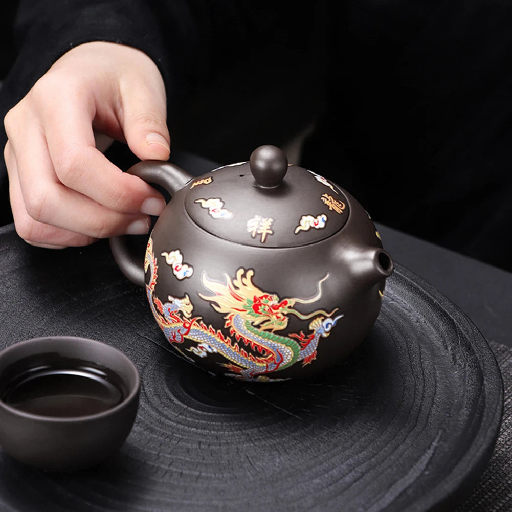 Théière argile violette Zisha décor dragon peint main
