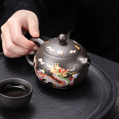 Théière argile violette Zisha décor dragon peint main