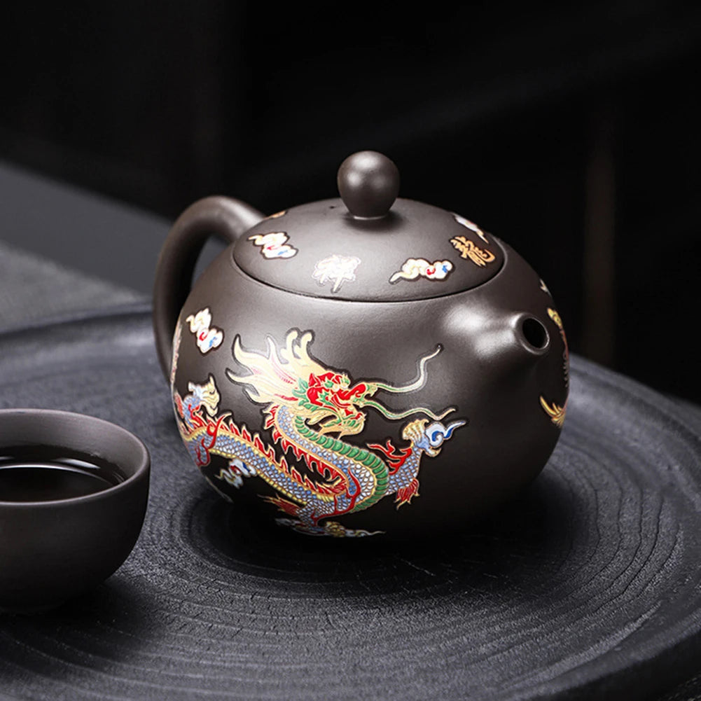 Set théière et tasses argile Zisha dragons chinois vue ensemble