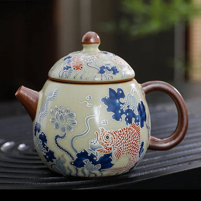 Théière céramique décorée oiseaux et bambous traditionnelle