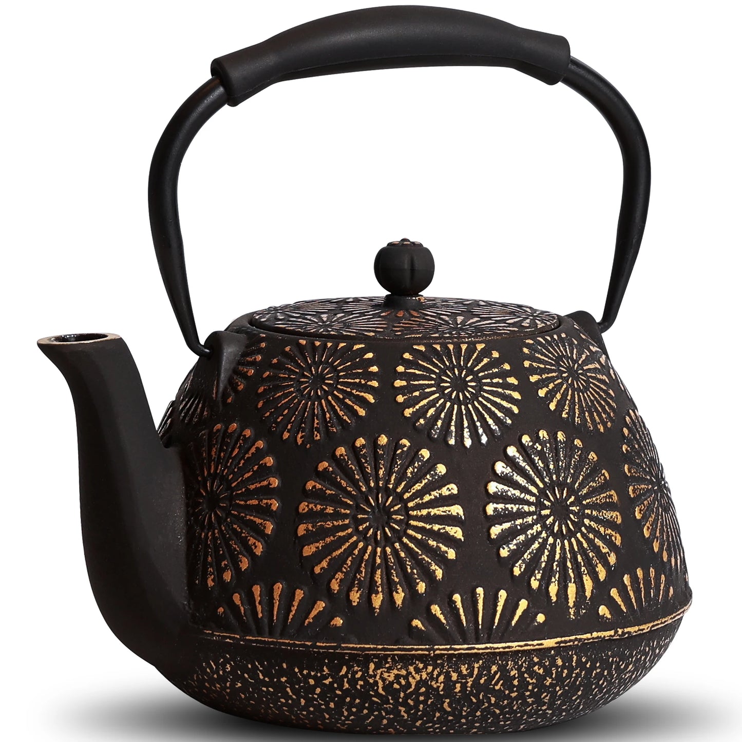 Théière japonaise en fonte motifs dorés rayonnants vue de face