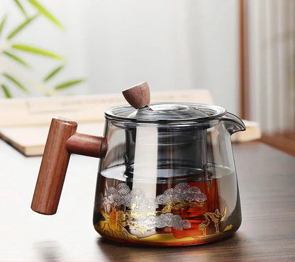 Théière verre fumé et couvercle bouton bois élégant