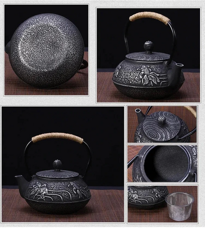Détail finition texturée théière japonaise en fonte
