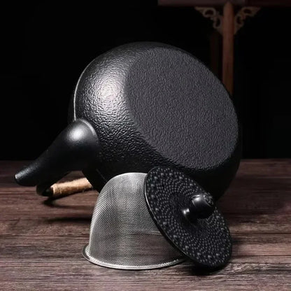 Ensemble théière en fonte japonaise perlée noire vue dessus