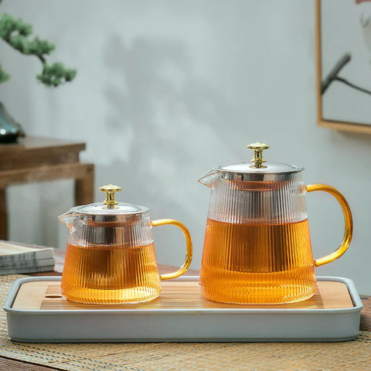 Théière en verre nervuré borosilicate avec couvercle doré