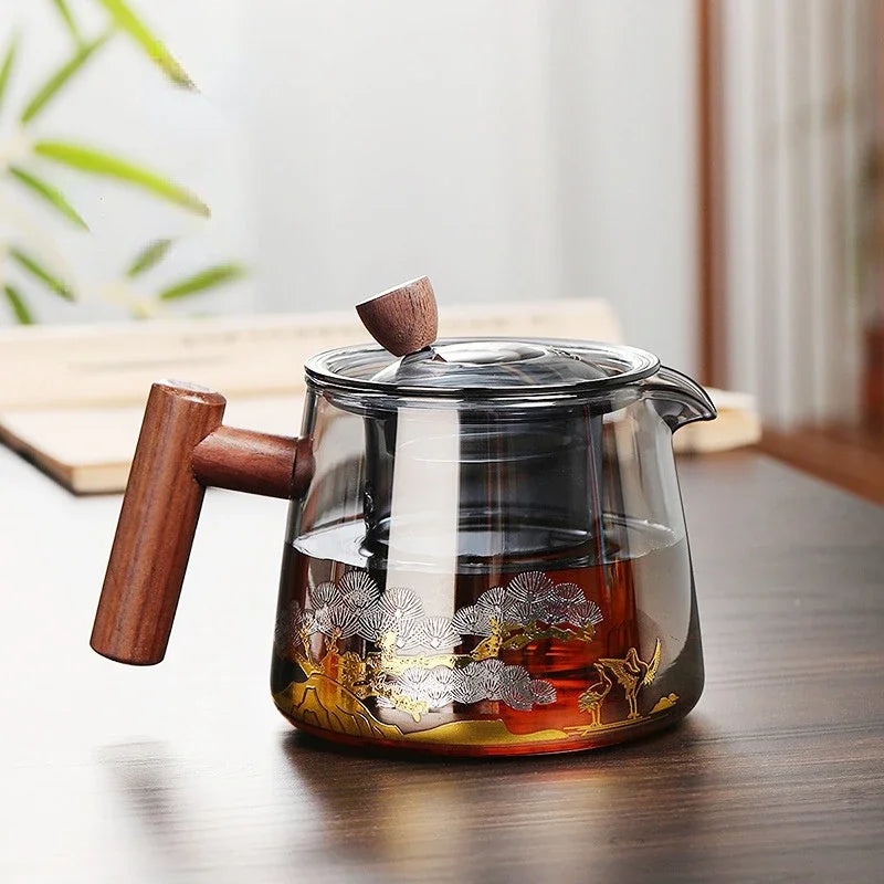 Théière en verre fumé avec poignée en bois massif