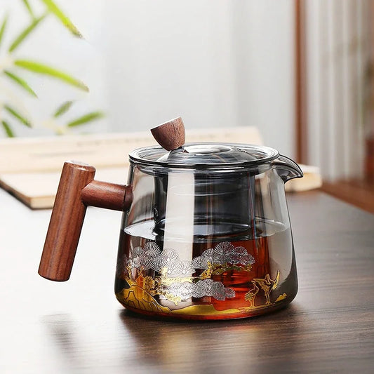 Théière en verre fumé avec poignée en bois massif