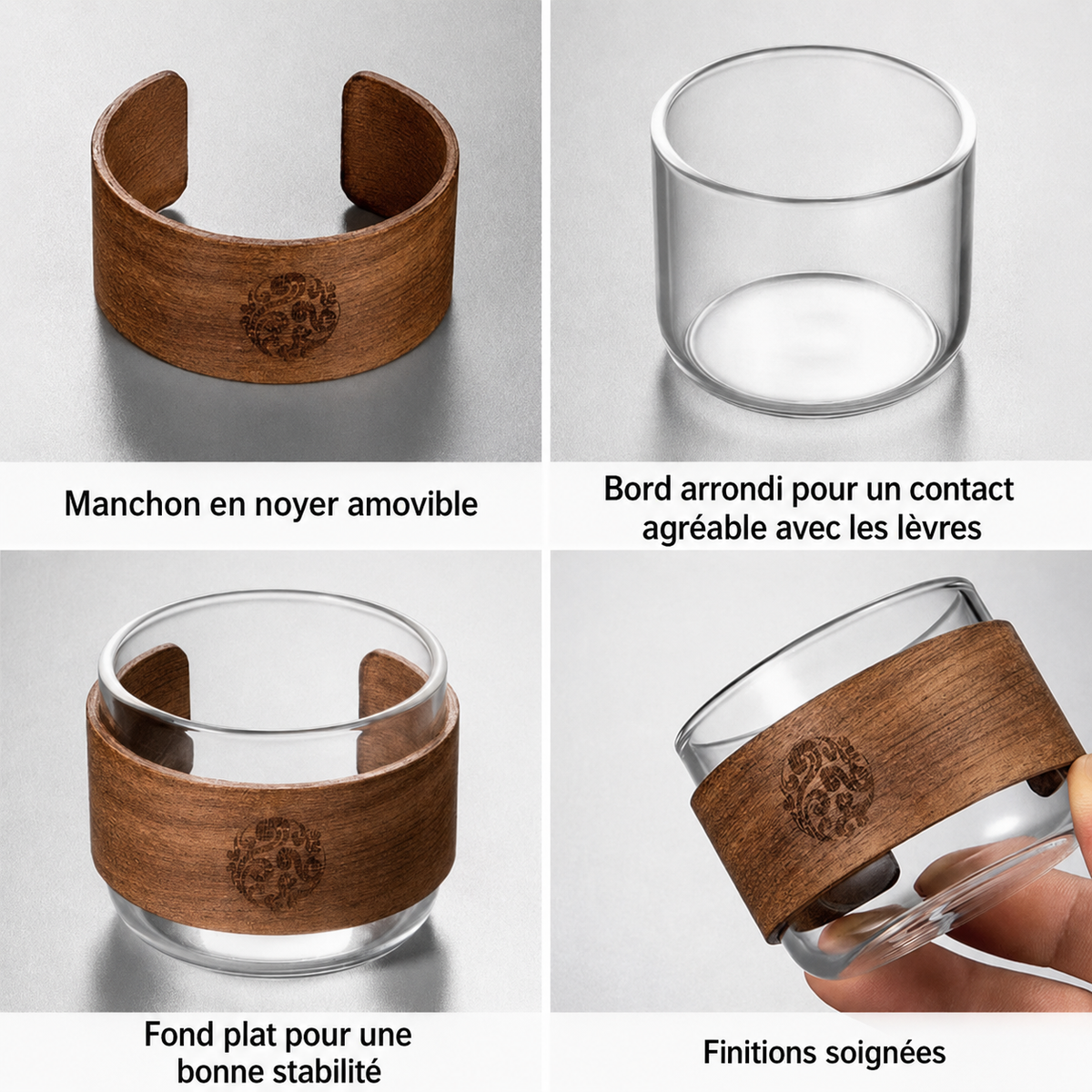 Infographie : manchon en noyer amovible, bord arrondi et fond plat de la tasse