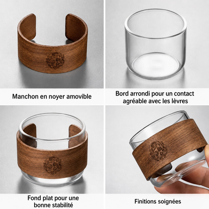 Infographie : manchon en noyer amovible, bord arrondi et fond plat de la tasse