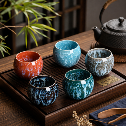 Les cinq coloris de tasses à thé en céramique disposés sur un plateau à thé