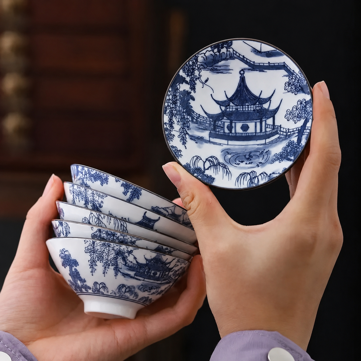 Quatre tasses à thé en porcelaine bleu et blanc empilées et tenues en main