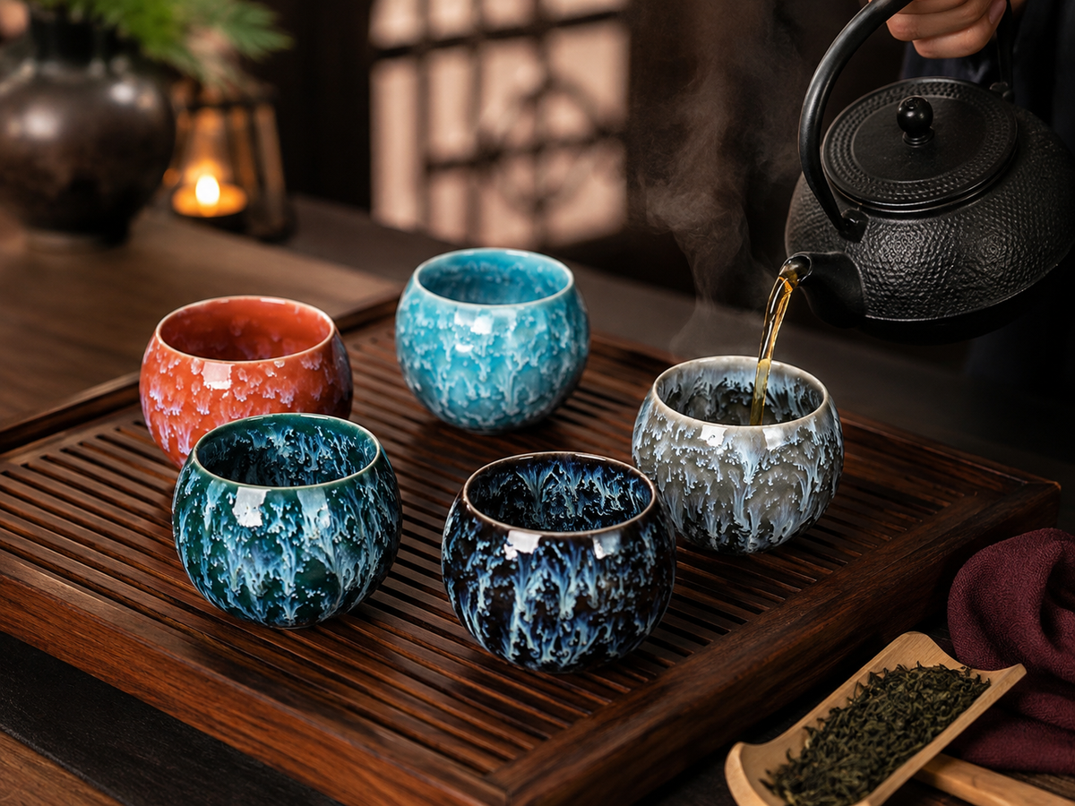 Service du thé dans les cinq tasses en céramique avec une théière en fonte