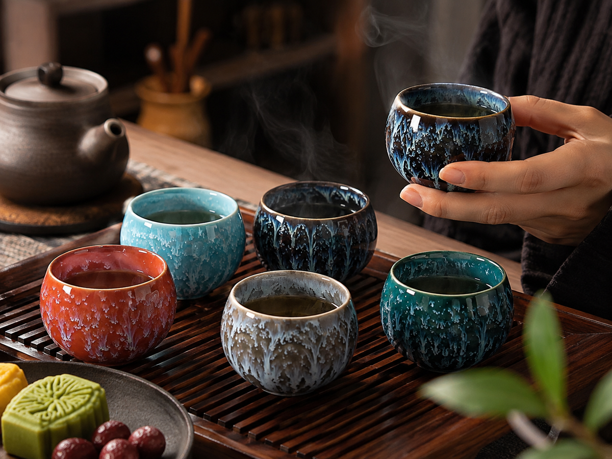 Tasse à thé en céramique saisie sur le plateau, les autres coloris autour