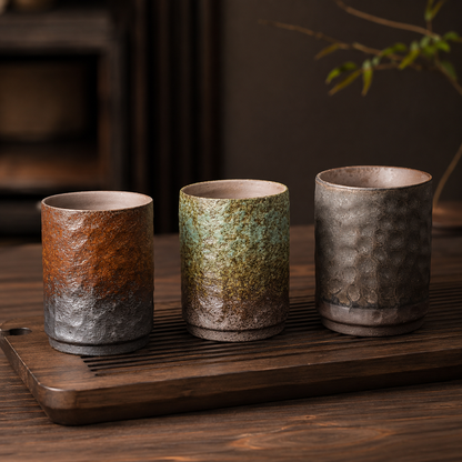 Les trois finitions de tasses à thé en grès alignées sur un plateau en bois