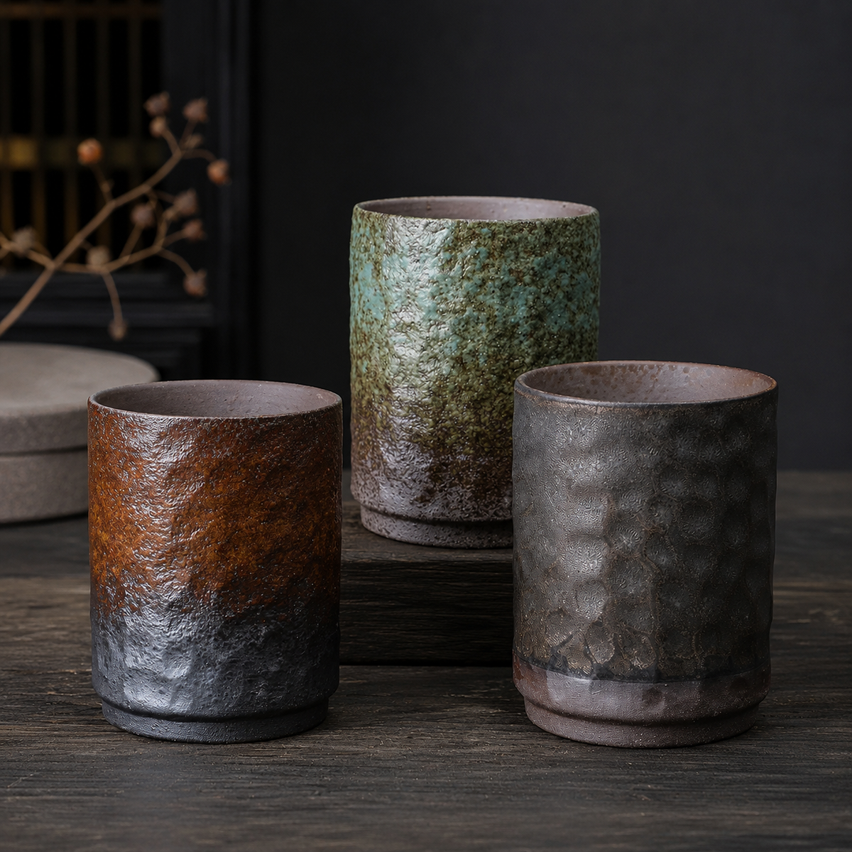 Les trois coloris de tasses à thé en grès disposés en escalier