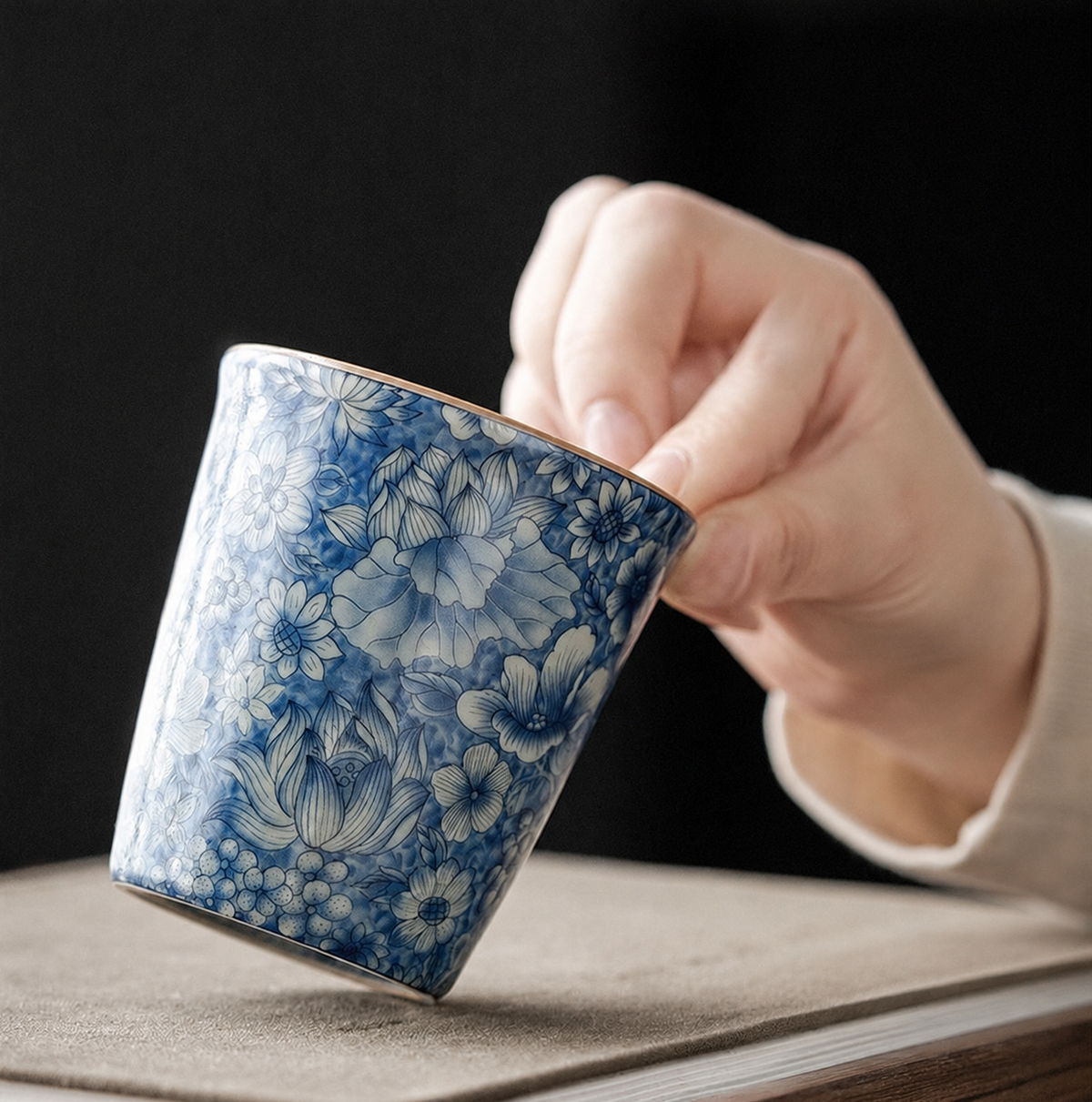 Tasse à thé bleu et blanc saisie par le bord sur un tissu de lin