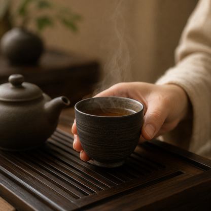 Tasse à thé fumante tenue en main devant une théière en grès